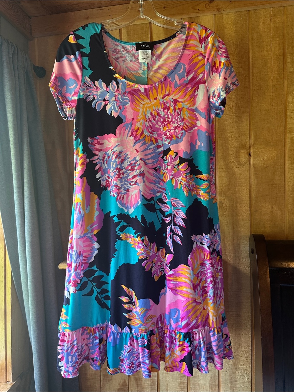MSK Floral Ruffle-Hem Dress in Pink, Teal & Navy 8261.5